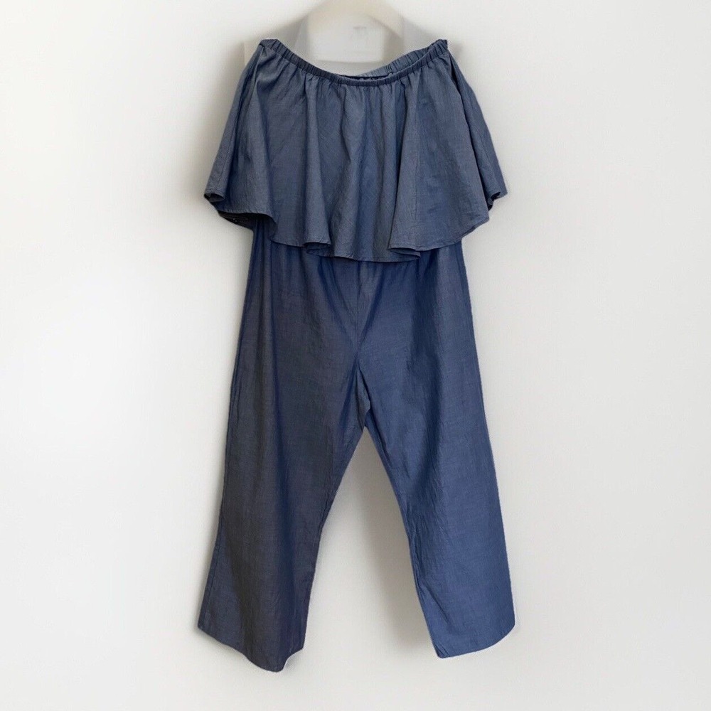 THML Off The Shoulder Ruffle Wide Leg Capri Romper 100% Cotton M Boho‎